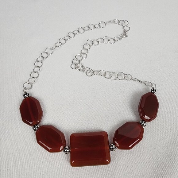 925 Sterling Silver Red Brown Natural Stone Chain Necklace - Picture 2 of 7